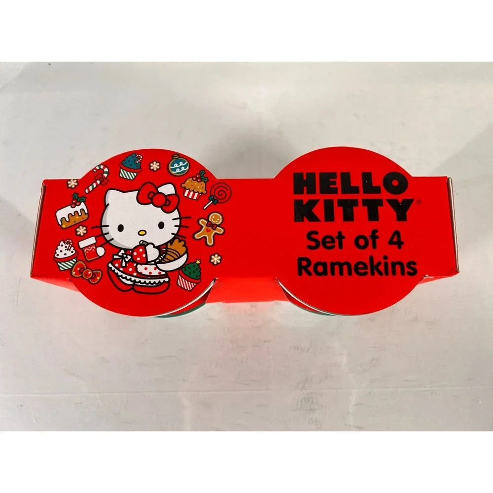 Set Of 4 Hello Kitty Ceramic RAMEKINS Souffle Dish CHRISTMAS TREE Holiday‎ NEW